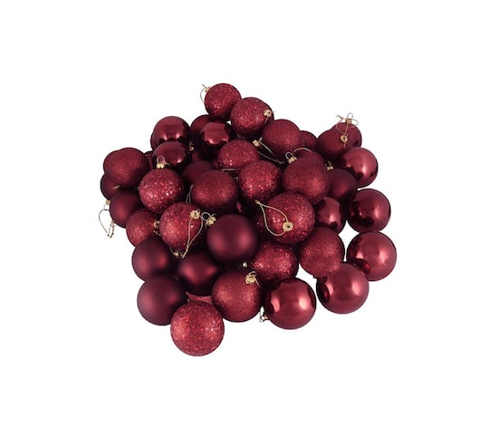 Northlight; 60ct Burgundy Red Shatterproof 4-Finish Ball Ornaments; Category:Shatterproof Ornaments; Image:1